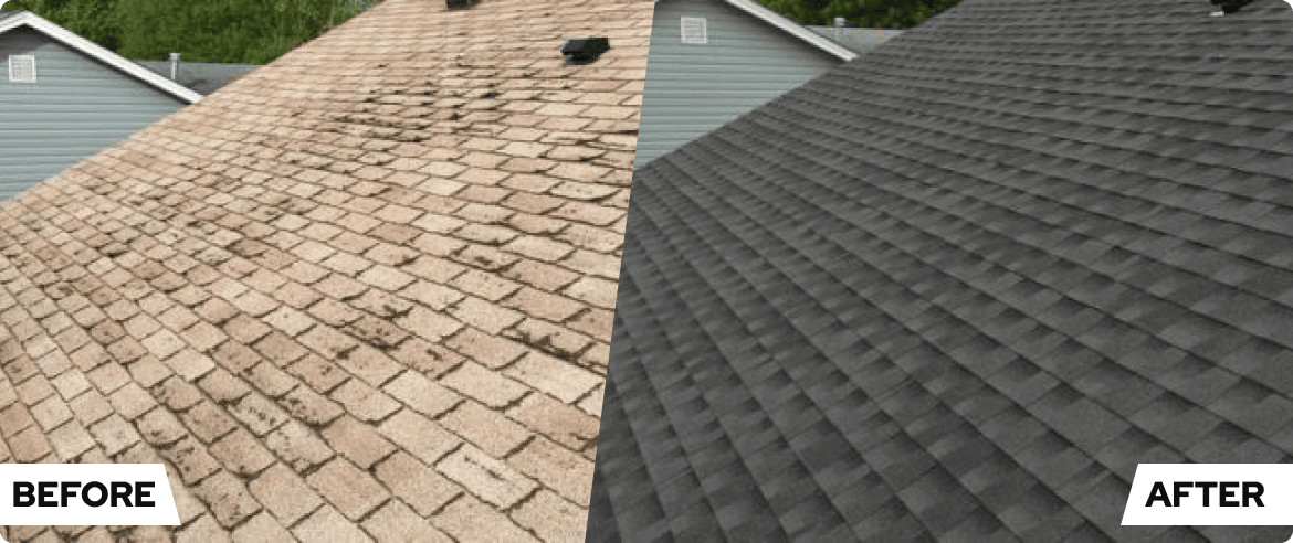 Before and after roof replacement showing dramatic improvement